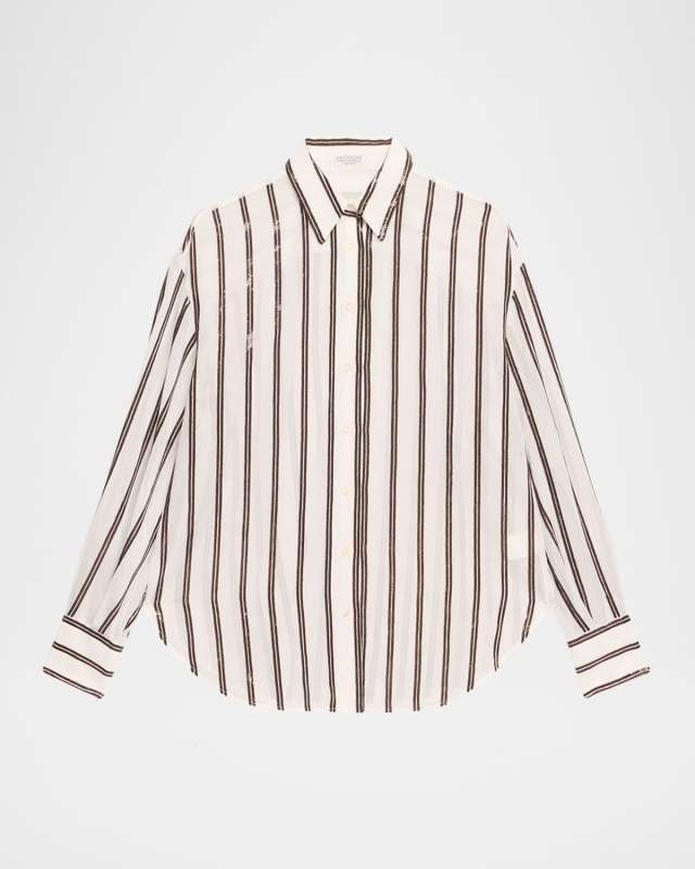 Sequined Stripe Button Down Gauze Blouse